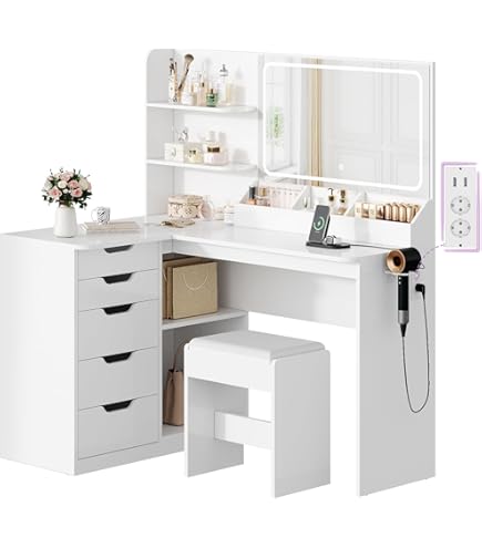 Toeletta Angolo Sofia Con LED - Tavolo Trucco Bianco 128 Cm Con Sgabello - Foto 8