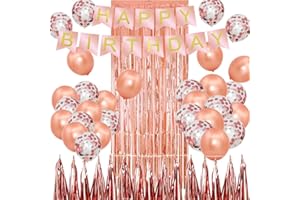 Braty Decorations Happy Birthday Roségold Banner Dekoration Set mit Konfetti Luftballons und Roségold Luftballons, Roségold Folie Quaste und Roségold Folie Vorhang, Roségoldene Geburtstagsdekoration