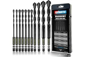 DKIBBITH 11 Pcs Masonry Drill Bits Carbide Concrete Drill Bit Set for Stone Tile Brick Ceramic Glass Metal Sheet Plastic and Wood, Quick Change 6mm Hex Shank, Size 4mm,5mm,6mm,8mm,10mm,12mm with Case