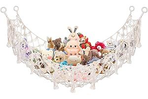 Povxlum Square Macrame Boho Toy Hammock for Toy Storage 135*65cm, Stuffed Animals Storage Net, Woven Cotton Rope Wall Corner Hanging Organizer, Teddy Storage Hammock for Kids, White