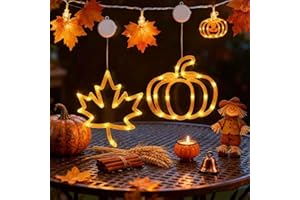 YOMOZEM 2 Stück Herbstdeko, Herbst deko Fensterlichter, Herbst Dekoration Kürbis Ahornblatt mit LED Licht, Herbstdeko Licht mit Saugnapf Herbstdeko Innen Lichterkette für Herbst Halloween