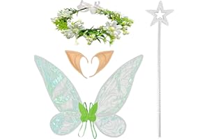 MIVAIUN 4Pcs Green Fairy Wings Set With Wands, Flower Headband, Elf Ears for Adult Women Kids - Halloween Themed Party Birthday Christmas (Green)