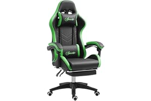 Vinsetto Silla Gaming Ergonómica Reclinable 135°, Silla Gamer Racing de Cuero PU con Soporte Lumbar, Altura Ajustable, Reposacabezas y Reposapiés Retráctil, para Oficina, Estudio, Negro y Verde