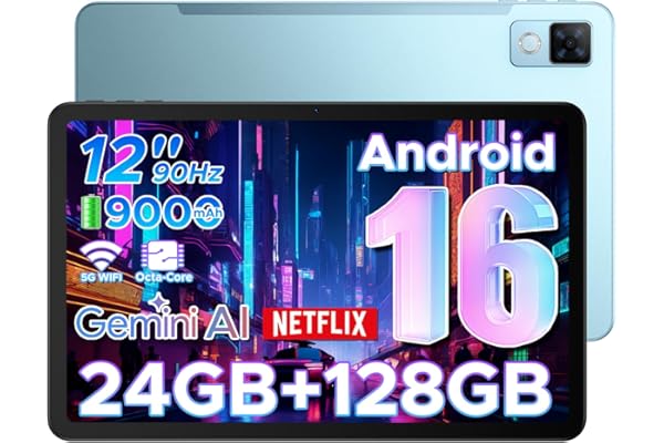 DOOGEE U12 Tablet Android 16, 24GB+128GB Tablet 12 Pulgadas FHD+/90Hz, 9000mAh/18W, Gemini AI Tablets, T7255 Octa Core Tableta, 13MP+8MP, Widevine L1/OTG/Face ID/GPS/FM/3.5mm Jack/Altavoces Dobles