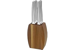 Lou Laguiole - Bloc en bois d'acacia avec 6 couteaux steak - Jet - Acier inoxydable 13 C, Finition Sablé - 9 x 5 x 12 cm - Bois