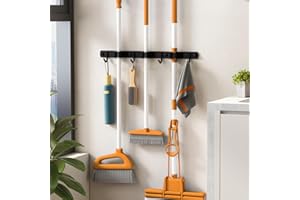 Damita Broom Holder Wall Mount Mop Hanger for Kitchen Garage Garden Metal Tool Organization - Stainless Steel Non-slip Broom Rack Mop Holder Wall Organizer 1-Pack (Black, 3 Racks 4 Hooks)