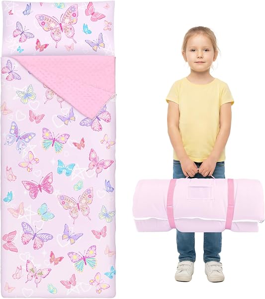 Toddler Nap Mat Sleeping Bag with Removable Pillow, 59" x 24" Kids Roll Up Portable Slumber Mat for Daycare, Kindergarten, Camping – Lightweight, Soft & Easy to Clean for Girls and Boys - 1