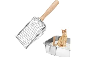 FHINTORY Pala Arena Gatos, Pala Arenero Gatos Metal, Distancia del Agujero 5mm, Pala Arena Gatos con Mango de Madera, Accesorios Gato Cat Litter Perros y Gatos, Recogedor Caca Limpieza de Caja de Arena