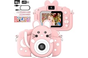 Hangrui Appareil Photo pour Enfant,2.0 Pouces Enfant Appareil Photo Numérique,16M/1080P Caméra avec Objectif Avant et Arrière,32G SD Carte, Lecteur de Cartes,Ligne USB,Autocollant -Rose