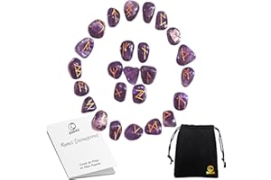 ESOAS RUNES DIVINATOIRES VIKING Améthyste, Set x25 Pierres Polies Semi Précieuses Gravées Avec Sac. Idéal Pour Divination, Voyance et Magie. Alphabet Runique Futhark, Oracle de la Mythologie Nordique
