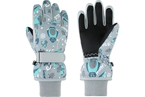 QKURT Guantes de Esquí para Niños, Guantes de Nieve Impermeables para Invierno, Manoplas de Esquí de Dinosaurio, Manoplas de Patinaje para Niños en Trineo Snowboard para Niñas de 2 a 13 Años