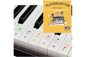 QMG Autocollants colorés pour piano et clavier et leçons complètes pour piano avec notes colorées et guide pour enfants et débutants Transparent