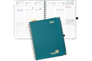 POPRUN Agenda 2024 Semainier 25,5 x 21,5 cm, Planner Vertical 12 Mois De jan 2024 à déc 2024 avec Couverture Rigide Spirale, Poche intérieur, Papier Certifié FSC®100 g/m²- Vert Pacifique
