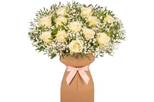 GENERIC Pure Grace Dozen White Roses Fresh Flower Bouquet Delivered in Presentation Vase | 12 White Roses & Seasonal Greenery | Natural Card Vase and Pink Ribbon Ribbon | AMFL009