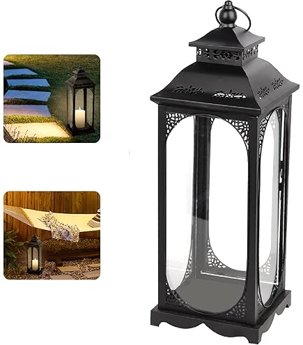 ECD Germany Set van 2 rotan lantaarns 40x 26 cm / 50x 28 cm met zwart handvat Natuurlijk hout