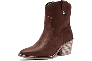 Ruiee Women's Cowboy Ankle Boots Western Cowgirl Chunky Heeled Booties, Classic Comfortable Casual Low Mid Heel Calf Short Boots for Women.