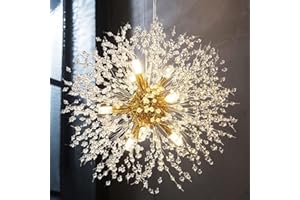 CAI-HAI Golden Dandelion Crystal Chandelier Modern Fireworks Chandelier Dining Room Bedroom Kitchen Island Living Room Lighting 9 Light 50cm