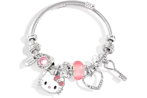 GWAWG Bracelet For Girls，Adjustable Stainless Steel Bracelet，Cat Cartoon Accessory，Pink Cute Girl Bracelet，Adjustable Jewelry Charm Bracelet Fashion Jewelry