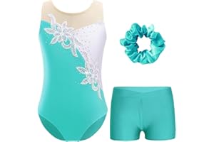 RUNQHUI Ensemble Justaucorps Gymnastique Fille avec Elastique Cheveux et Short Tenue Patinage Artistique Ballet Danse
