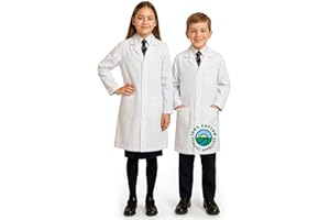 Chrysotex Kids Lab Coat 100% Cotton Snap Buttons Ages 6-12, White Science Coat for Children with 3 Pockets, Heavy Duty Durable, Perfect for School, Science Week & Dress-Up