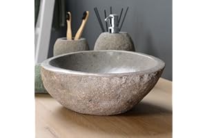 ‎WOHNFREUDEN 30 cm Naturstein-Waschbecken oval grau für Bad Gäste WC Steinwaschbecken Aufsatzwaschbecken aus Flussstein