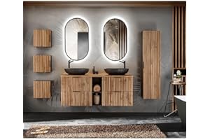 Lomadox Badezimmer Komplett Set 7-teilig schwarz gerillt Doppelwaschtisch 141 cm mit Regal Aufsatzwaschbecken LED Spiegel 3 Hängeschränke Hochschrank anthrazit mit Eiche Nb.