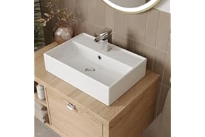 Affine® 505 x 350mm Bathroom Countertop Vanity Wash Basin Ceramic Sink, Rectangular 1 Single Tap Hole, White Vessel Cloakroom Sinks