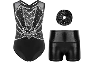 Oyolan Enfant Fille Justaucorps Short Gymnastique Leotard Danse sans Manches Strass Ensemble Tenue Patinage Artistique