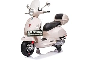 TOYSCAR Moto Elettrica per Bambini 12V Licenza Ufficiale Vespa Piaggio Modello GTS Super, Luci LED MP3 Sedile in Pelle Bauletto (Bianca)