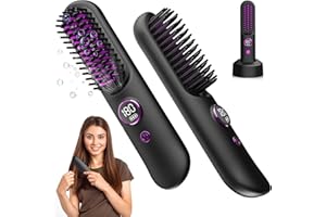 Geegear Kabellose Glättbürste, Tragbare Glättungsbürste Ionen Haarglätter 120-200℃ Schnelles Aufheizen Wiederaufladbare Haarglätter Bürste mit Ladestation für Haarstyling (Schwarz)