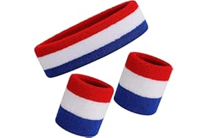 FOKELYI Sweatband Set, Red With White With Blue Moisture Wicking Sweat Absorbing Cotton Sweatband Athletic Basketball Wristband Headband for Sports (1 Headband + 2 Wristbands)