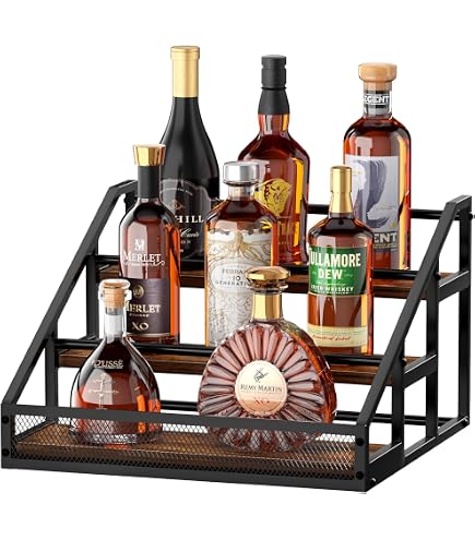 Présentoir De Bouteilles De Liqueur Éclairé LED Nuovoware - 12 Bouteilles, 3 Niveaux Bois Noir Avec Poignées