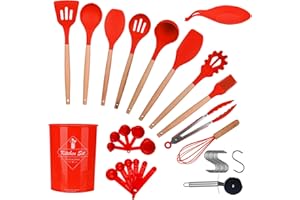 ONATISMAGIN Kitchen Utensils Set, 35pcs Non-Stick Silicone Cooking Utensils Set, Heat Resistance Cooking Tools, Kitchen Tools Gadgets Accessories, Spoons Spatula Set with Wooden Handle (Red)
