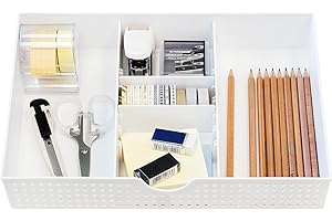 Amtido Desk Drawer Organiser Tray for Office Stationary Supplies & Accessories - Sleek 3 Compartments Stationery Organisers with 2 Adjustable Dividers - White Desk Tidy Organiser