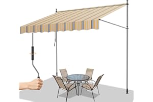 Gimisgu Toldo Manual Retráctil para Exterior, 300x120cm Toldo articulado con armazón para Jardín Balcones, Regulable en Altura, Repelente al Agua, protección Solar, Sin Taladrar, Amarillo Azul