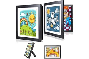 MJLOMJ 2 Stück A4 Bilderrahmen für Kinderzeichnungen - Aufklappbarer Kunstbilderrahmen, Frontöffnung zum leichten Wechseln, Befüllbarer Fotorahmen für Kreative Kinderkunst (Schwarz)