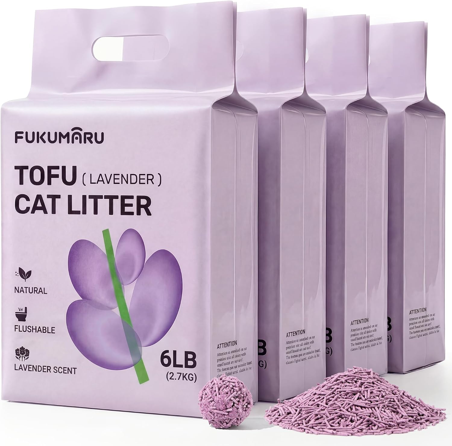 FUKUMARU Arena de Tofu para Gatos 10.8kg - Arena aglomerante para Gatos, Control de olores con Aroma de Lavanda, Libre de Polvo y fácil de aglomerar, desechable en el Inodoro