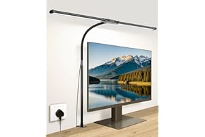 Woputne Desk Lamp with Clamp, with 5V 2A Adapter, LED Desk Lamp with Dual Head, 50 Light Modes, Computer Monitor Flexible Gooseneck Lamp, Eye Protection Desk Lamps for Study, Office, Crafts, Draw