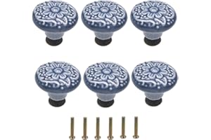 Mimhooy 6Pcs Ceramic Drawer Knobs - Vintage Cabinet Pulls, Retro Dresser Decorative Flower Handles for Cupboards & Draws - Blue Furniture Pull
