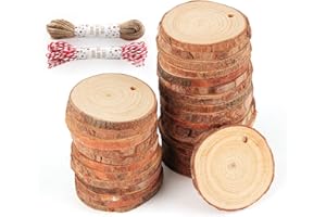 ilauke 60Pcs Bois Rond 4-5cm,Petit Rondin de Bois avec Trou et 20m Corde de Jute Naturelle,Tranches de Bois Naturel pour Décoration Arbre de Noël,Pyrogravure,Dessous de Verre Bois,Marque Place Mariage