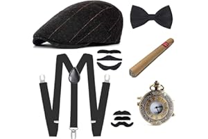 E EBETA Années 1920 Hommes Déguisements Accessoires, Flapper Accessoire Gatsby Costume Année 20 avec Chapeau Bretelles à Dos en Y Homme Faux Cigare Montre de Poche Vintage (D)
