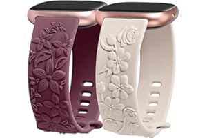 Minyee 2 Pack Floral Engraved Band Compatible with Fitbit Versa 4/Versa 3/Sense 2/Sense Band Women, Cute Embossed Silicone Wildflower Rose Design Soft Sport Fancy Summer Replacement Strap for Versa 4