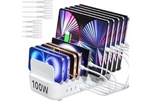 SooPii Stazione di ricarica multipla USB C, stazione di ricarica rapida a 10 porte da 100W per più dispositivi Include 8 cavi di tipo C,organizer per caricabatterie per telefono,tablet,Kindle(bianco)