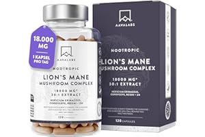 ‎AAVALABS Lions Mane Mushroom Complex 18000 mg Hericium Erinaceus Hochdosiert 30:1 Extrakt - Löwenmähne Pilz - Lions Mane Kapseln mit Reishi, Cordyceps & Zink - 120 Kapseln