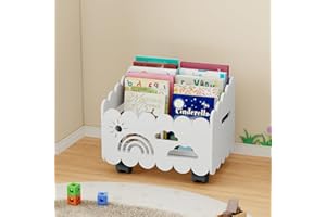 DUHARS Montessori Children's Wooden Bookcase with Wheels, Children's Book Box for Reading Corner, Baby Room, Bookbench, Toy Organiser, Children's Shelf, Nursery Storage, White