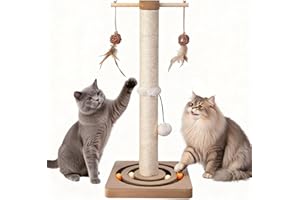 Pawtasy Cat Scratching Post 4-in-1 Kitten Toys, 64cm Tall Scratch Post for Indoor Cats, Funny Scratch Pole with Solid Wooden Base, Scratcher Post with Stable Design for kittens and Adult Cats