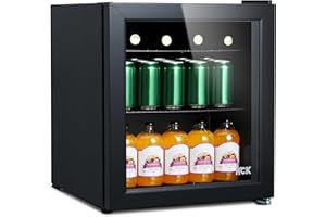 HCK 48L Mini Kühlschrank mit Glastür, 0-15°C Getränkekühlschrank für Bier, Lautlose kleine Kühlschränke 39dB, 2 Ablagen, Mini Fridge für Büro Zimmer, Minibar Bar Party, Bierkühlschrank, Schwarz