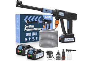 JVISION Idropulitrice a Batteria, 21V Idropulitrice Elettrica Portatile con 2 Batterie e Tubo da 5M, Lavatrice Senza Fili per Auto, Giardino, Terrazza, Prato e Irrigazione