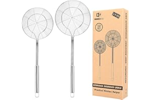 BUNDLEPRO Pack of 2 Strainer Ladle,Stainless Steel Wire Skimmer, Spider Straining Spoons,Kitchen Mesh Spoon with Long Handle for Cooking, Frying, Boiling Noodles, Dumplings, Pasta,Spaghetti
