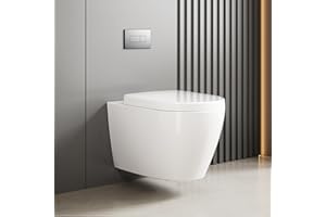 WC Hängend Spülrandlos Toilette, Wand-WC Set aus Keramik mit Toilettendeckel Abnehmbaren Absenkautomatik Effizienter Spültechnik Hängetoilette, D-Form,Lang 55.5cm, Weiß